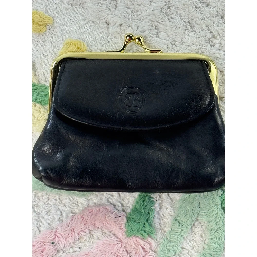 Vintage Buxton Leather Coin Purse & Tooled Floral Kiss Lock Pouch Set Black